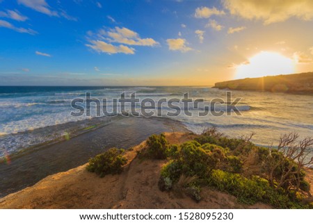 Picture of sunrise at the cliffy coast of Great Ocean Road in Southern Australia in summer 2015
