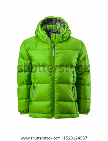 Kids' lime green hooded warm sport puffer jacket isolated over white background. Ghost mannequin photography