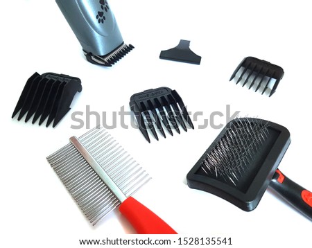 Hair clipper and brush for cat and dog. Set for pet. Isolated on white background 