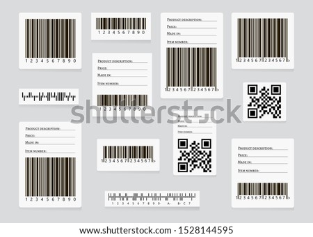 Barcode sticker set vector.  Universal Product Scan Code. UPC Bar Code Scan Symbol. Realistic Barcode icon isolated. QR code.
