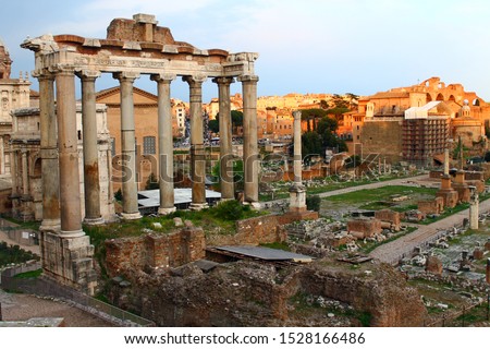 A picture of the acient part of Rome during the sunset