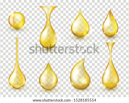 Oil drops realistic vector isolated illustrations collection. Golden liquid essence droplets 3d rendering cliparts on transparent background. Yellow lubricant, honey drip design elements bundle Royalty-Free Stock Photo #1528185554