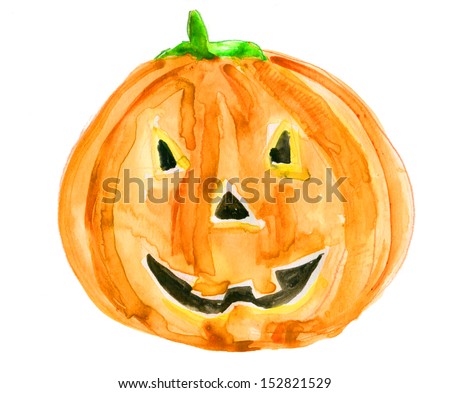 Smiling halloween pumpkin with green lock on head.Picture I have painted myself with watercolors.