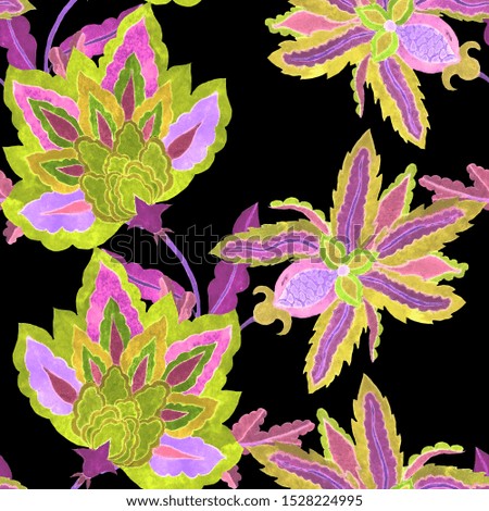 Watercolor seamless pattern with paisley flowers in arabic style. Floral decoration. Traditional paisley pattern. Textile design texture. 