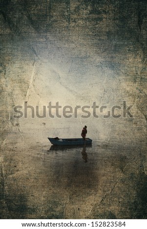 fisherman boat old paper background Royalty-Free Stock Photo #152823584