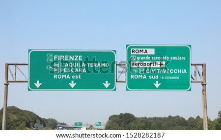 Traffic sign on the italian highway to Rome Capital of Italy and more city such as Florence, Pescara, Civitavecchia