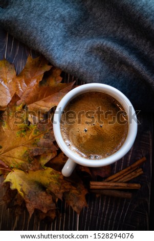 Autumn composition made with a mug of coffee, cinnamon, leaves and a blanket. Blooging concept. Vertical picture.