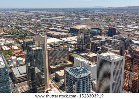 Signs removed for an aerial view of the growing skyline of downtown Phoenix, Arizona   