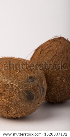 Coconut. Coconut isolated on white background. Full depth of field. Macro Photo food fruit coconut. Texture tropical fruit coconut nut. Image fruit coconuts.
