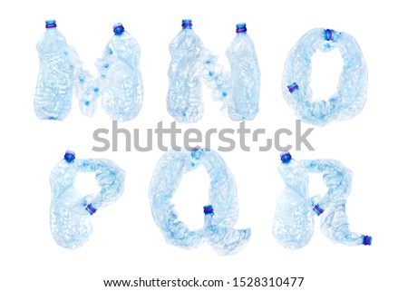Crumpled blue plastic bottles alphabet, garbage abc on white background. Part 3
