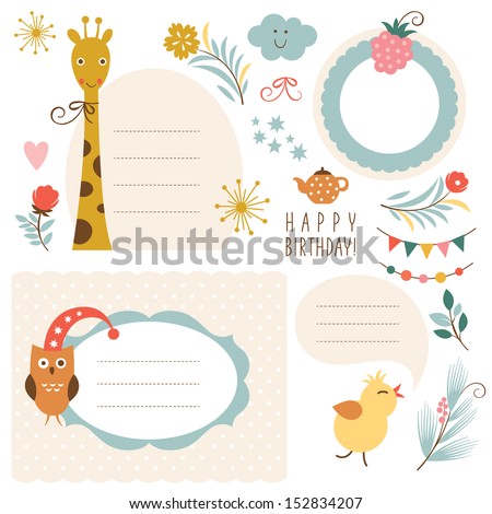 Set of animals illustrations and graphic elements for invitation cards, party invitation, holiday gifts