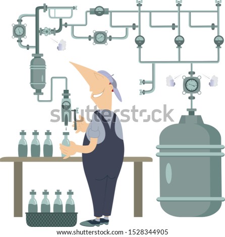 Pipe construction and a worker bottles a beverages illustration. Pipe construction and smiling worker bottles a beverages isolated on white
