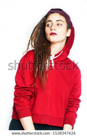 real caucasian woman with dreadlocks hairstyle funny cheerful faces on white, lifestyle people concept