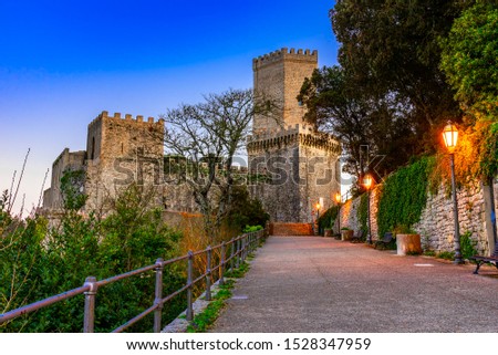 Erice, Sicily, Italy: Night view of the Venere Castle, a Norman fortress, Europe Royalty-Free Stock Photo #1528347959