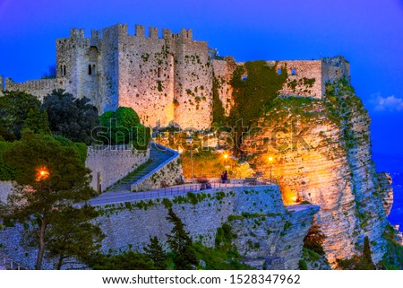 Erice, Sicily, Italy: Night view of the Venere Castle, a Norman fortress, Europe Royalty-Free Stock Photo #1528347962