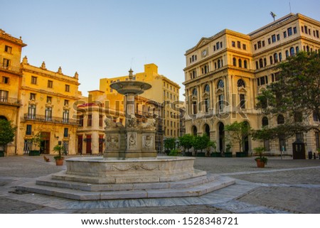 Old Havana, Cuba. Fountain with Lions in the old square in the sunlight. Royalty-Free Stock Photo #1528348721