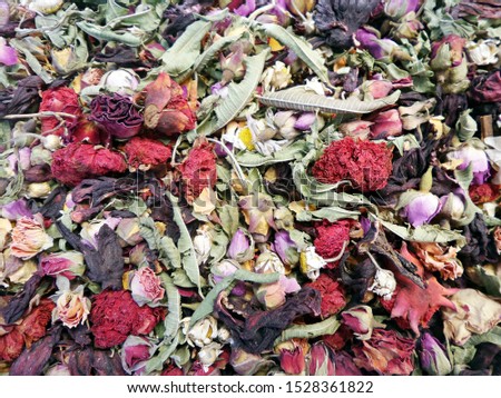 Dry herbal tea. Loose tea. Dried herbs, flowers, fruits and berries. top view. Selective focus image.