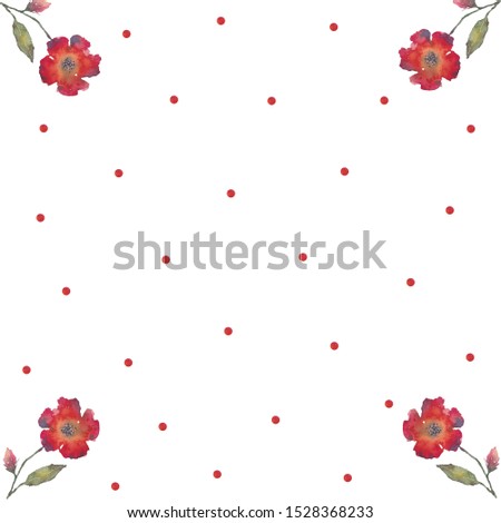  Frame of watercolor red flowers on a white background. Use for invitations, greetings, birthdays and weddings.