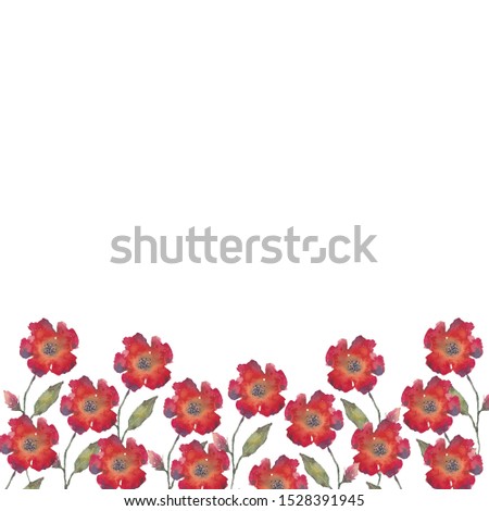 Frame of watercolor red flowers on a white background. Use for invitations, greetings, birthdays and weddings.