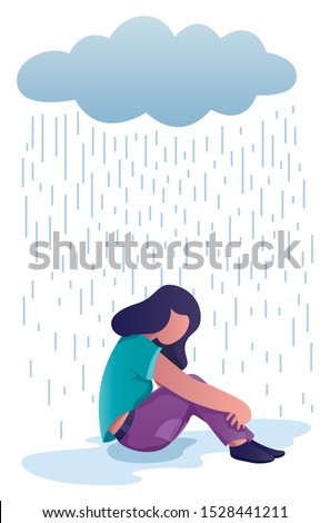 Conceptual flat design illustration for depression, depicting woman, sitting on the ground with dark cloud above her. Royalty-Free Stock Photo #1528441211