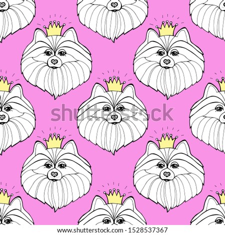 Seamless pink pattern with cute pomeranian dog.