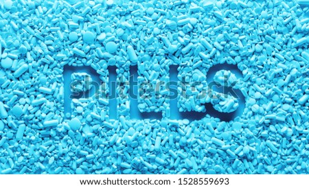 3d render of medical pills that forms text title. Pills word.