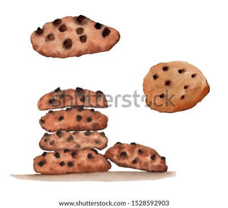 Hand drawn watercolor delicious chocolate chip cookies set, isolated on white background. Food illustration elements.