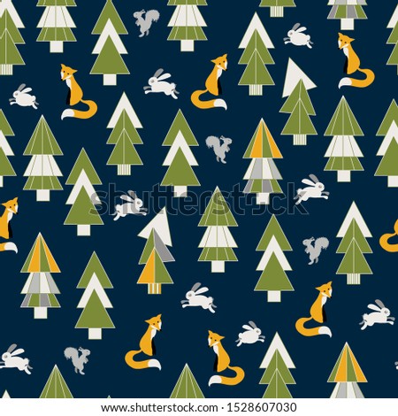seamless background with christmas tree and animal, vector design for paper or fabric