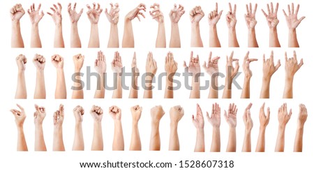 GROUP of Male asian hand gestures isolated over the white background. 