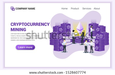 Cryptocurrency mining concept with People with laptops working in the mining farm. Digital currency, investment, finance and trading. Can used for Web banner, landing page. Flat vector illustration