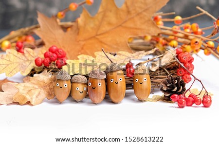 cute Family of acorns in hats, funny emotion faces. children's creativity, DIY idea for fall season. acorns, berries and oak leaves, symbol of autumn
