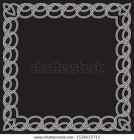 Square celtic frame with a traditional pattern, white on a black background.