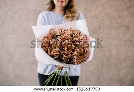 Very nice young woman holding big and beautiful mono bouquet of fresh pastel brown chrysanthemum wrapped in white paper, cropped photo, bouquet close up on the wooden background