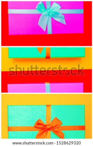 gift box with ribbon on a colorful background. view from above. three sections.