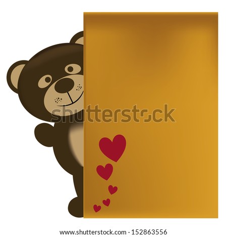 beautiful teddy bear hiding behind a valentine's card in a white background