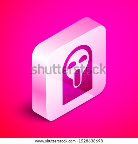 Isometric Funny and scary ghost mask for Halloween icon isolated on pink background. Happy Halloween party. Silver square button. Vector Illustration