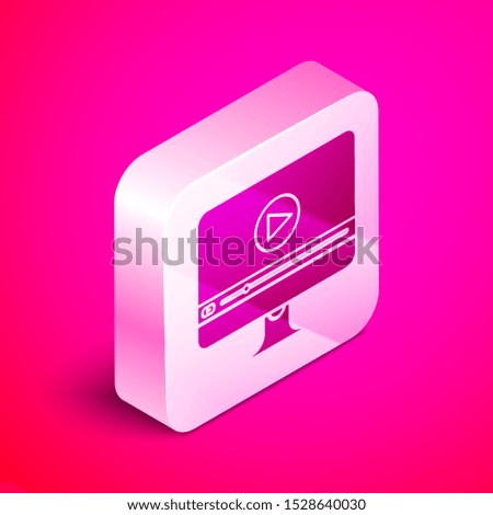 Isometric Online play video icon isolated on pink background. Computer monitor and film strip with play sign. Silver square button. Vector Illustration