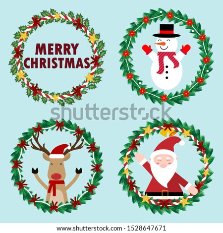 Christmas  wreath made of naturally decorated with Santa, Reindear, Snowman, ribbow,star and rope on hangs the door.  Decorate beautiful look. welcome Christmas Day.