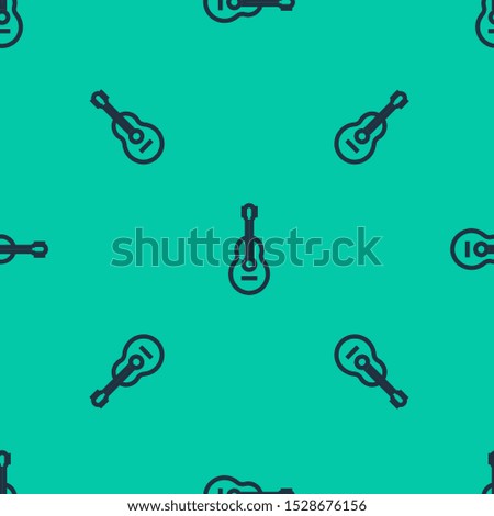 Blue line Guitar icon isolated seamless pattern on green background. Acoustic guitar. String musical instrument.  Vector Illustration