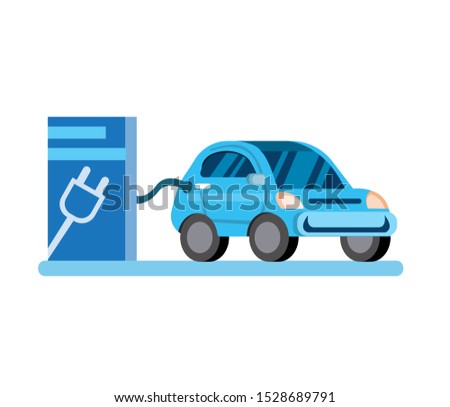 Electric car with charging station,subcompact small city car, flat illustration
