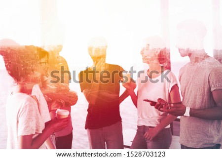 Concept background with business people silhouette working in the office. Double exposure Royalty-Free Stock Photo #1528703123