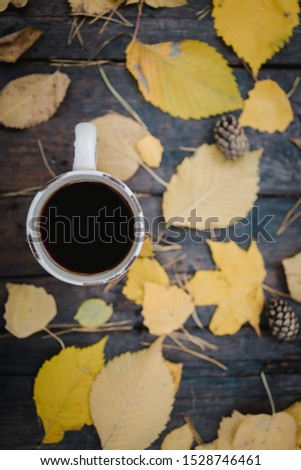 On a old wooden table in the autumn park is a cup with tea and coffee, scattered yellow leaves and pine cones. Top view, in blur. Autumn warm dark mood, soft focus.