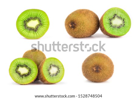 collection Whole kiwi fruit and his sliced segments isolated on white background. Close-up.  