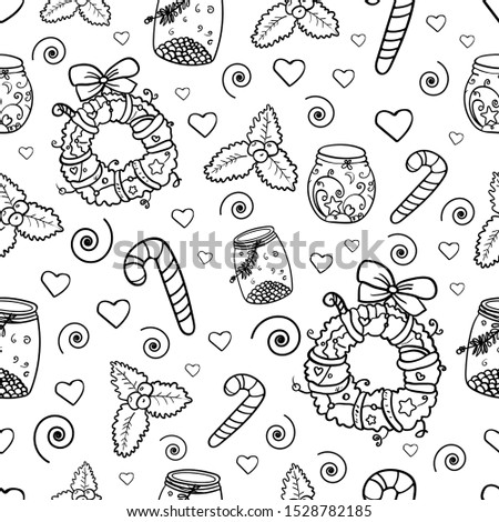 Seamless pattern Christmas collection of design elements. Wreath, jar, mistletoe, Candy cane. Coloring page adult, coloring cartoon, Symbol of the New Year and Christmas. - Vector illustration