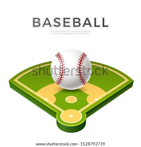 Realistic baseball ball on baseball playground 3d icon. Athletic equipment for championships promo design. Vector white leather ball for Sport betting design. Team game tournament competition poster.