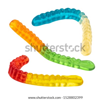 Tasty jelly worms on white background. Colorful sweet gummy worms.