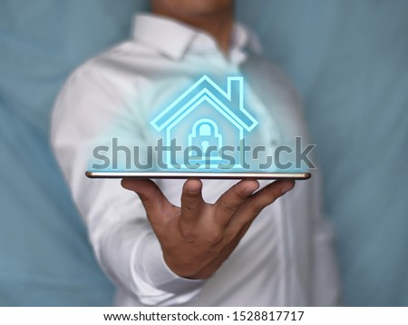 The concept of house safety, life. Insurance icon graphic interface showing house, coverage benefit. Royalty-Free Stock Photo #1528817717