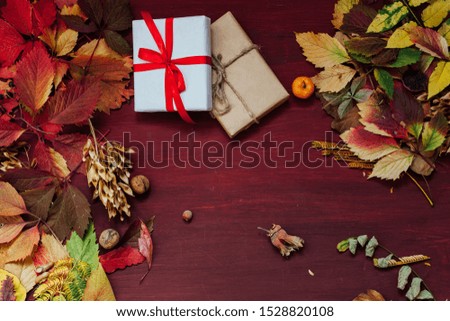 Autumn background red and yellow leaves gifts holiday