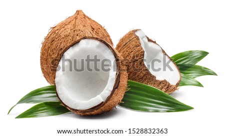 Delicious coconuts with leaves, isolated on white background Royalty-Free Stock Photo #1528832363