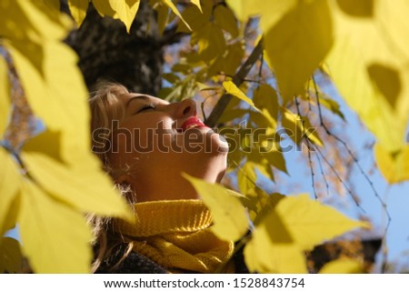 Girl enjoys the sun and autumn forest